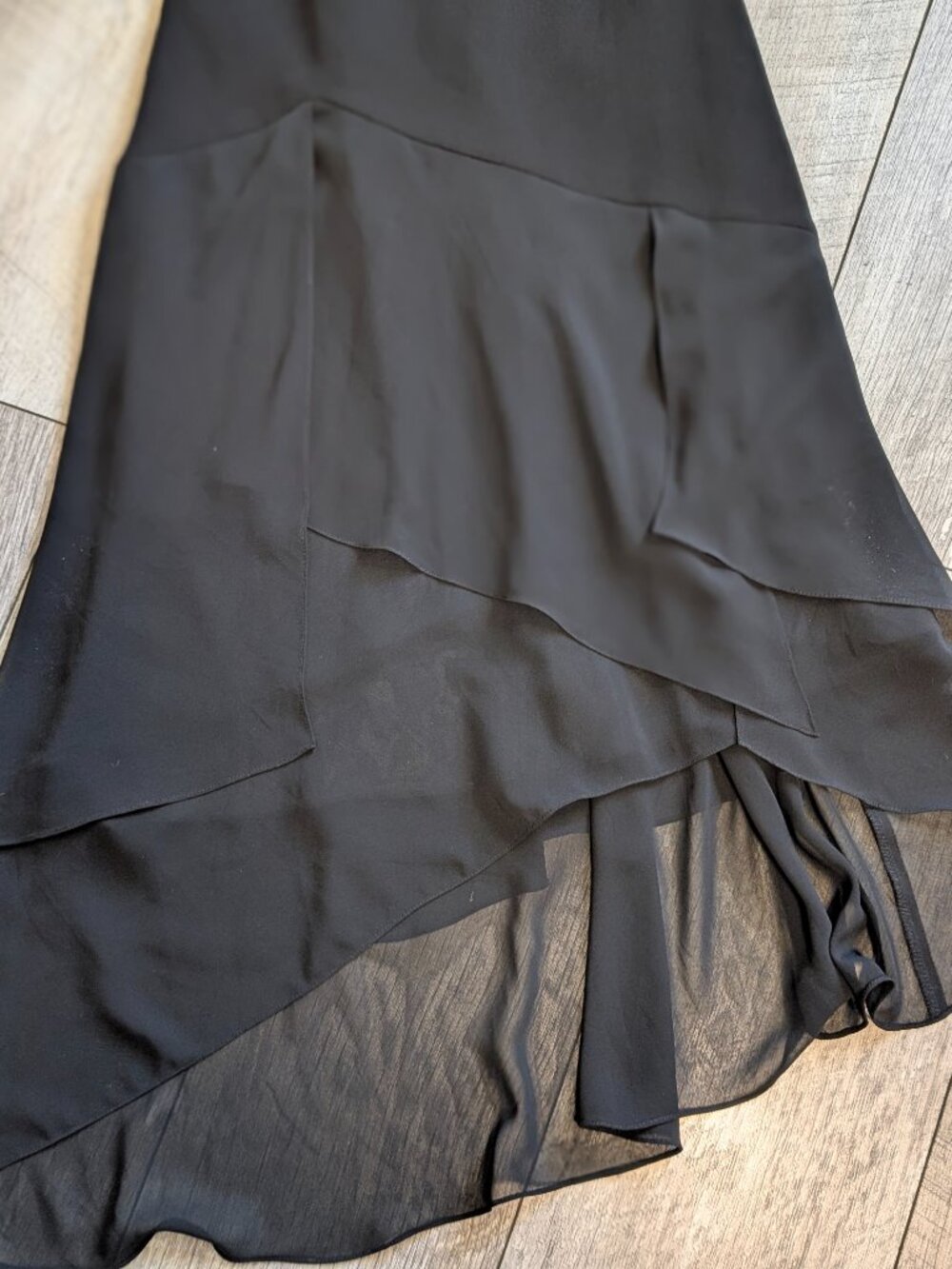 Vintage 90s Black Chiffon Asymmetrical Ruffle Hem Midi Dress 8 Romantic EUC 🖤 - Picture 10 of 15